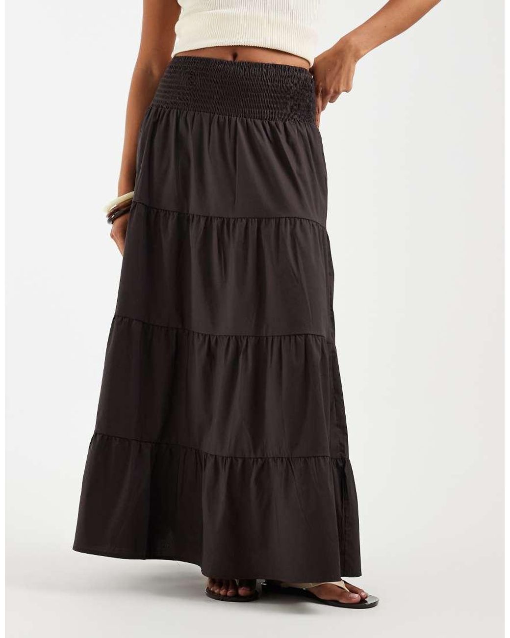 Vero Moda Black Shirred Waist Tiered Boho Maxi Skirt