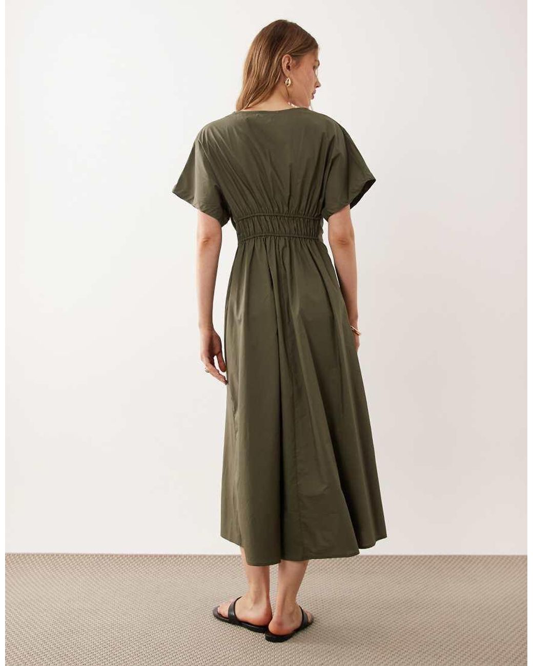 Mango Green V Neck Cinched Waist Midi Dress