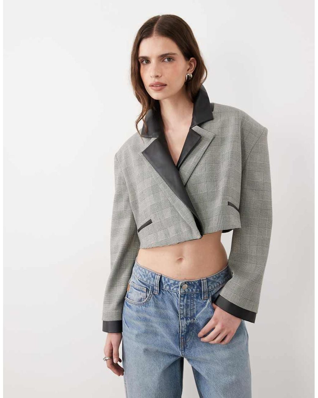 ASOS Blue Boxy Blazer With Faux Leather Double Collar Detail