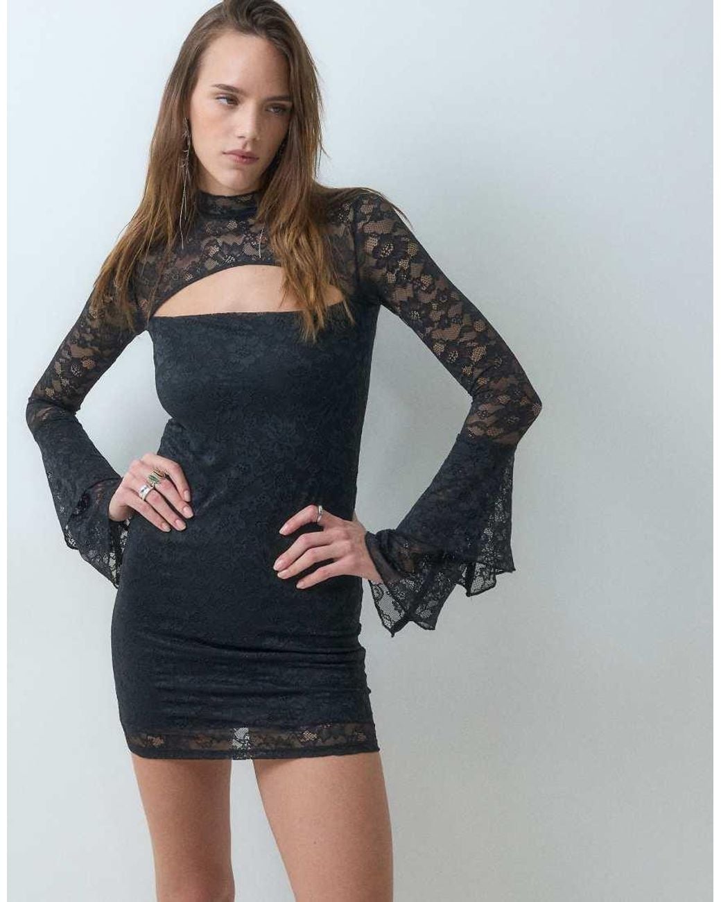 Monki Blue Long Sleeve Lace Bolero Mini Dress