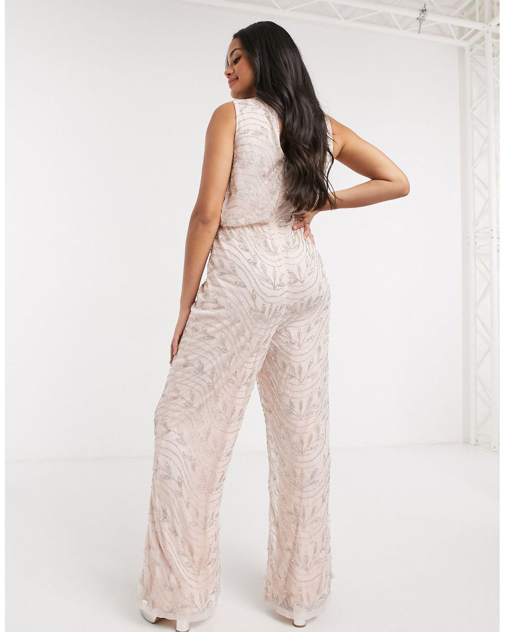 LACE & BEADS Embellished Jumpsuit in Natural | Lyst