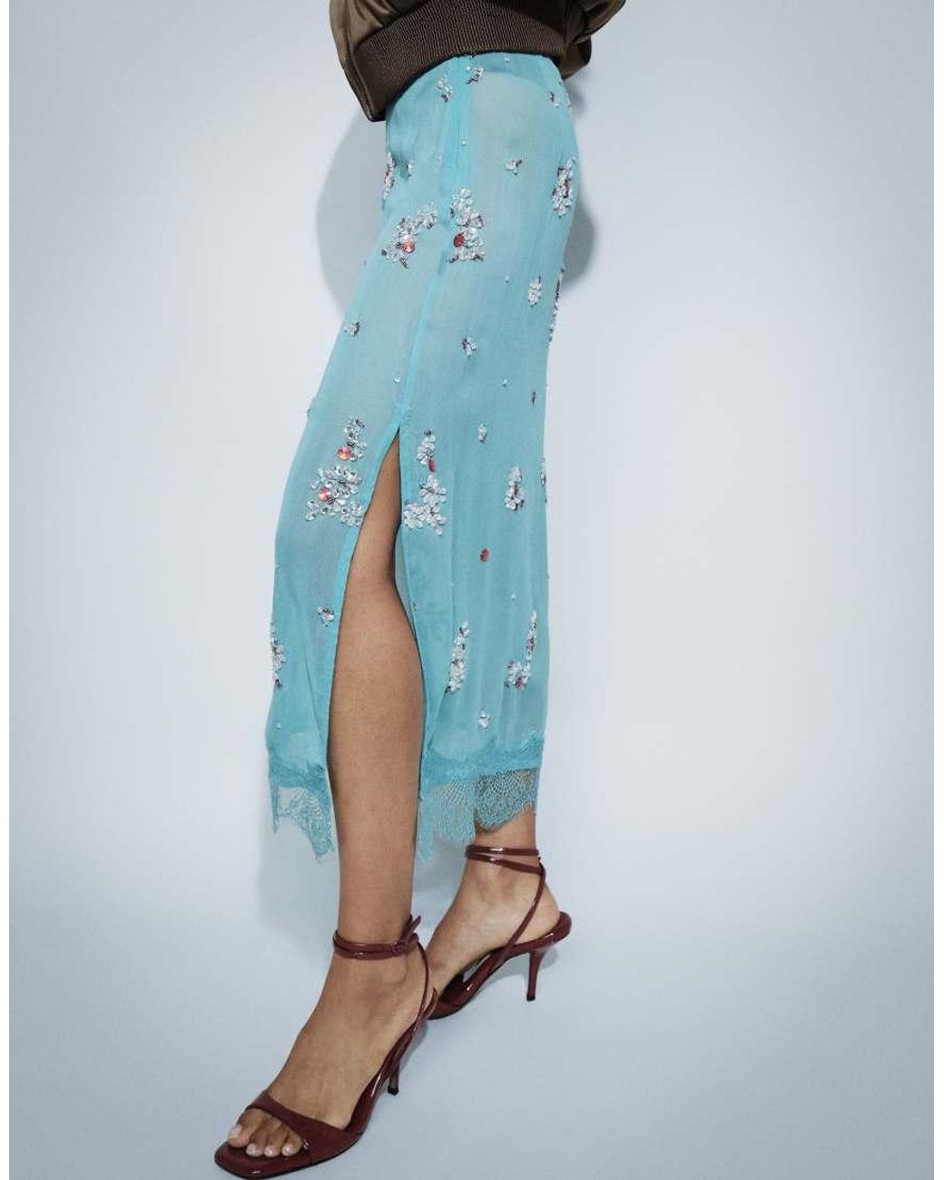 ASOS Blue Embellished Midi Skirt With Lace