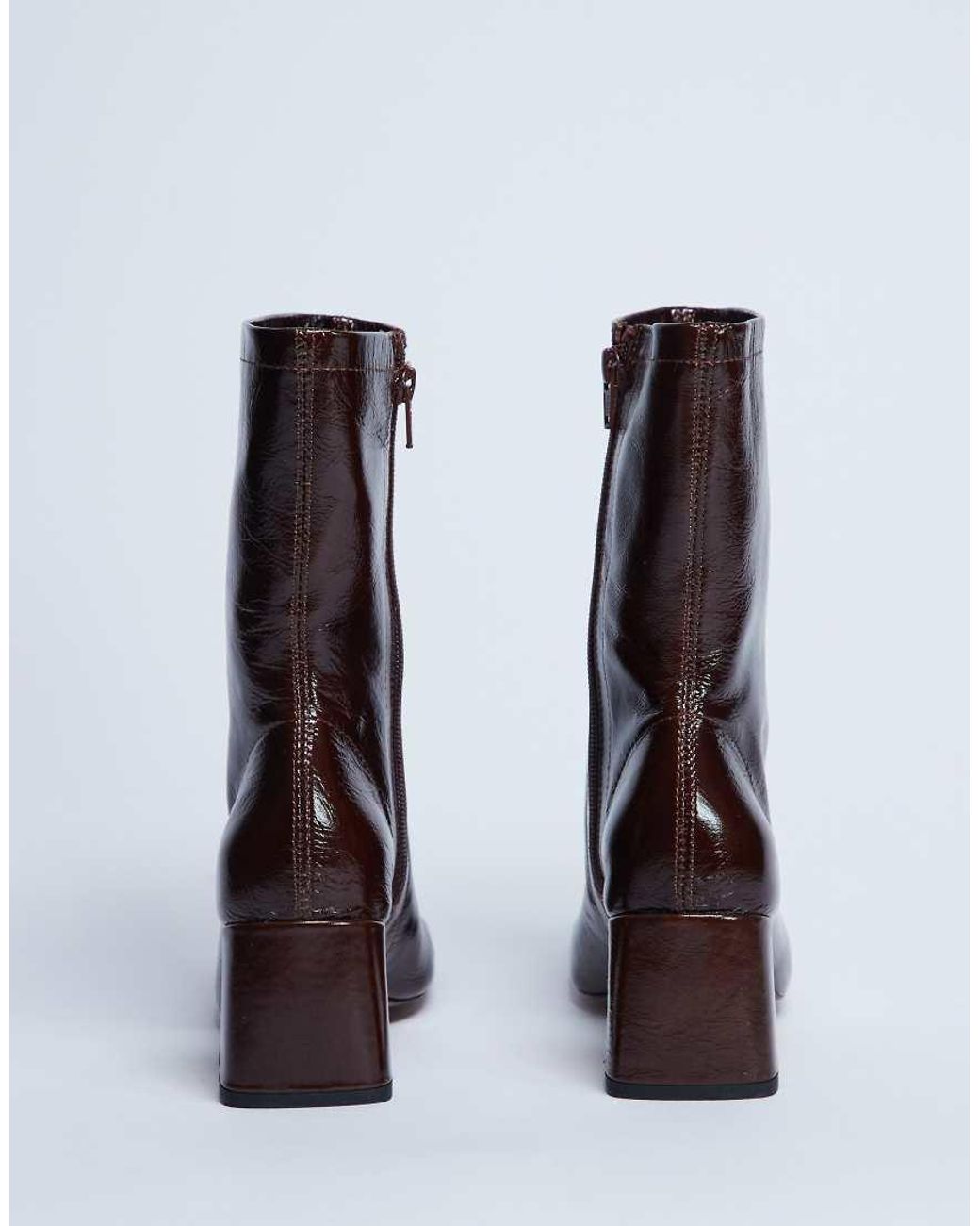 TOPSHOP Brown Sara Premium Leather Square Toe Flared Heel Boot