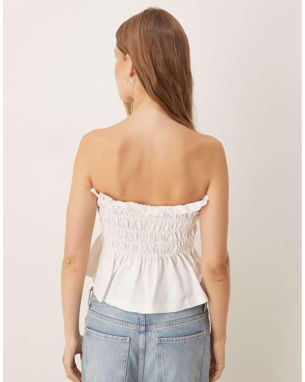 ASOS White Shirred Bandeau Top With Broderie Trim