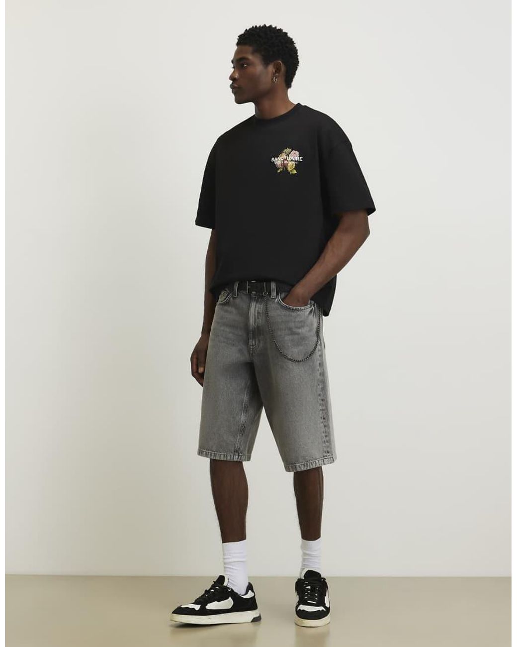 River Island Black Oversized Cotton Flower Print T-Shirt for men