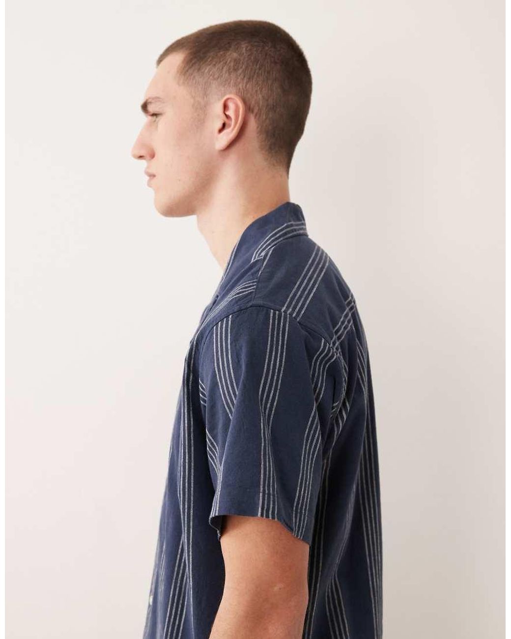 Jack & Jones Blue Linen Mix Short Sleeve Shirt With Stripes for men