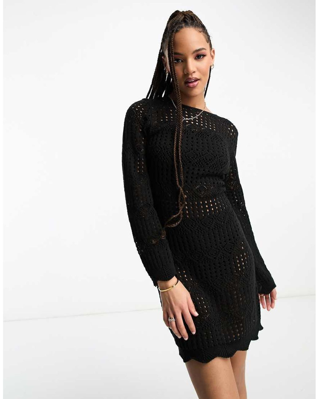 Miss Selfridge Long Sleeve Open Back Crochet Dress in Black | Lyst UK