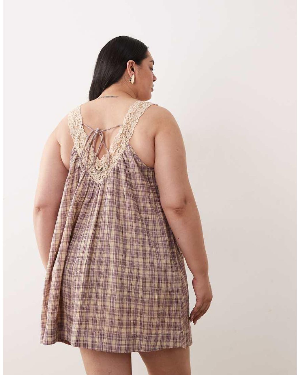 ASOS Pink Asos Design Curve V Neck Smock Poplin Mini Sundress With Lace Overlay