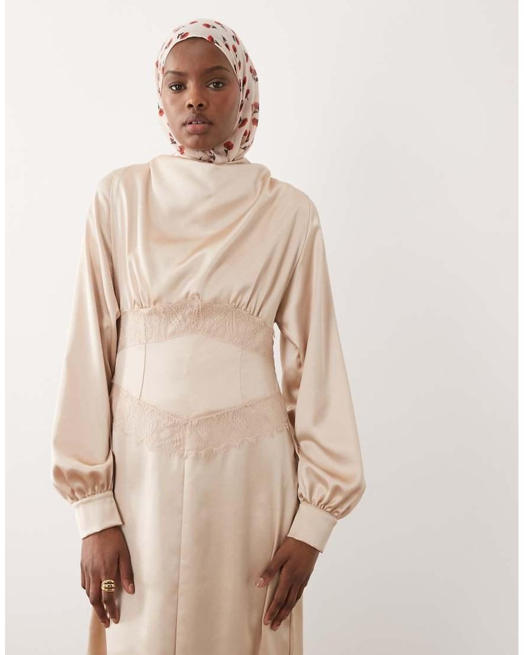 ASOS Natural Satin High Neck Lace Detail Maxi Dress