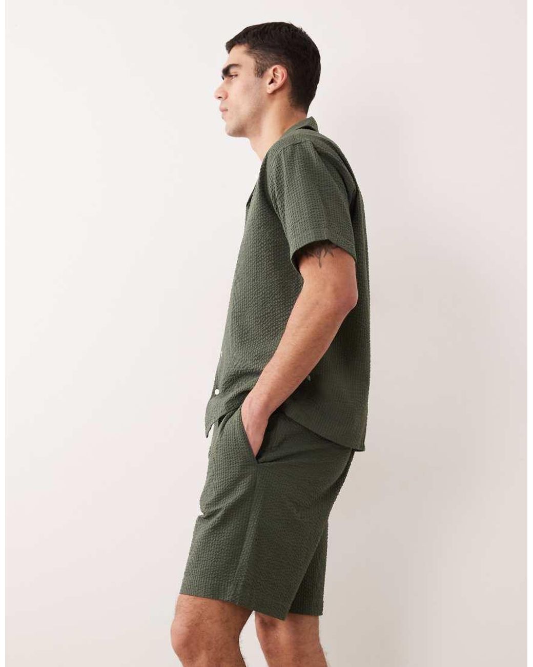 JJ Rebel Green Co Ord Seersucker Shorts for men