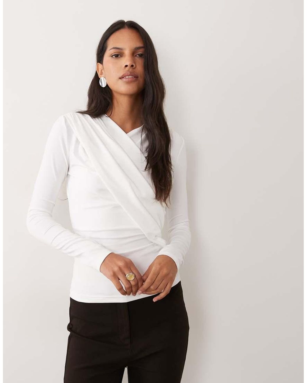4th & Reckless Natural Slinky Wrap Ruched Detail Long Sleeve Top