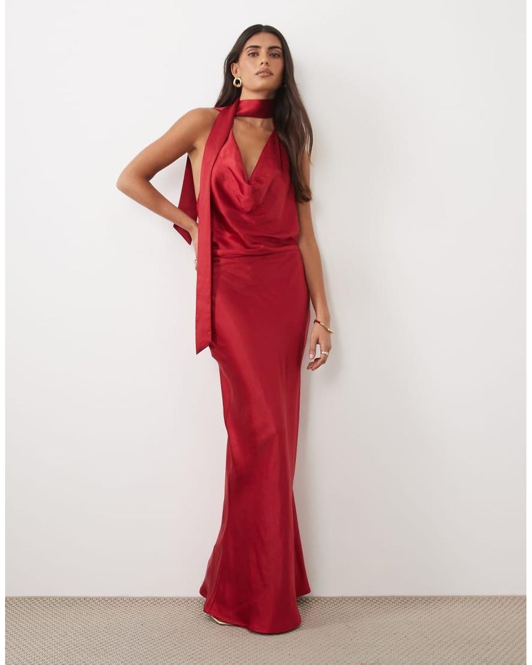 TFNC London Hammered Satin Cowl Neck Scarf Detail Maxi Dress