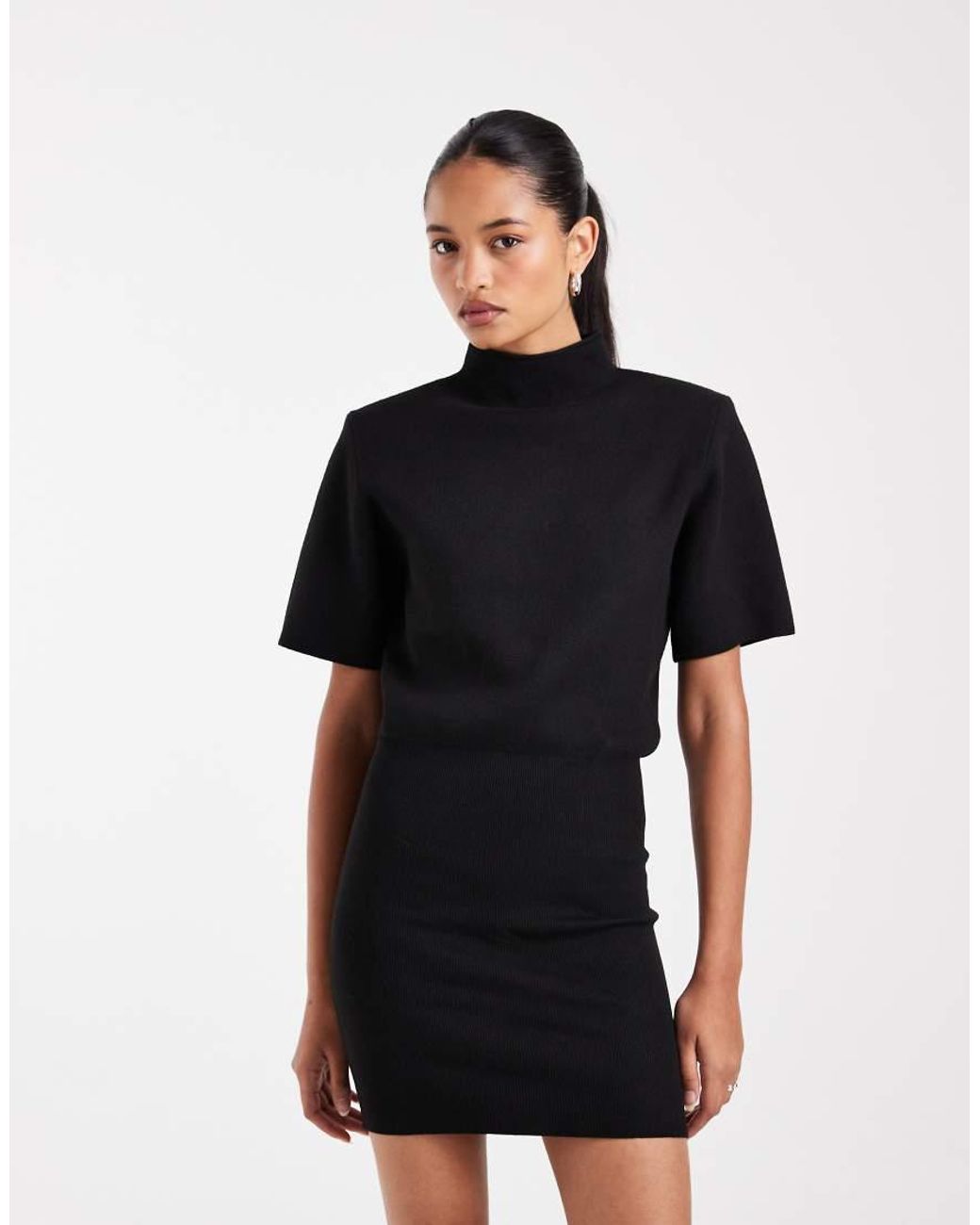 ASOS Black Shoulder Pad Short Sleeve Ruched Dress
