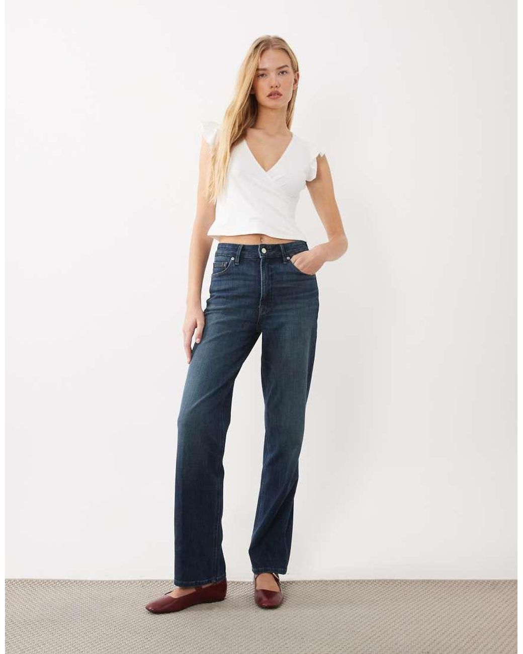 Miss Selfridge Blue Top With Angel Sleeves And Lace Trim