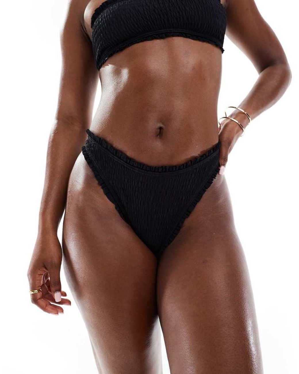 South Beach Black Frilly Crinkle High Leg Bikini Bottom