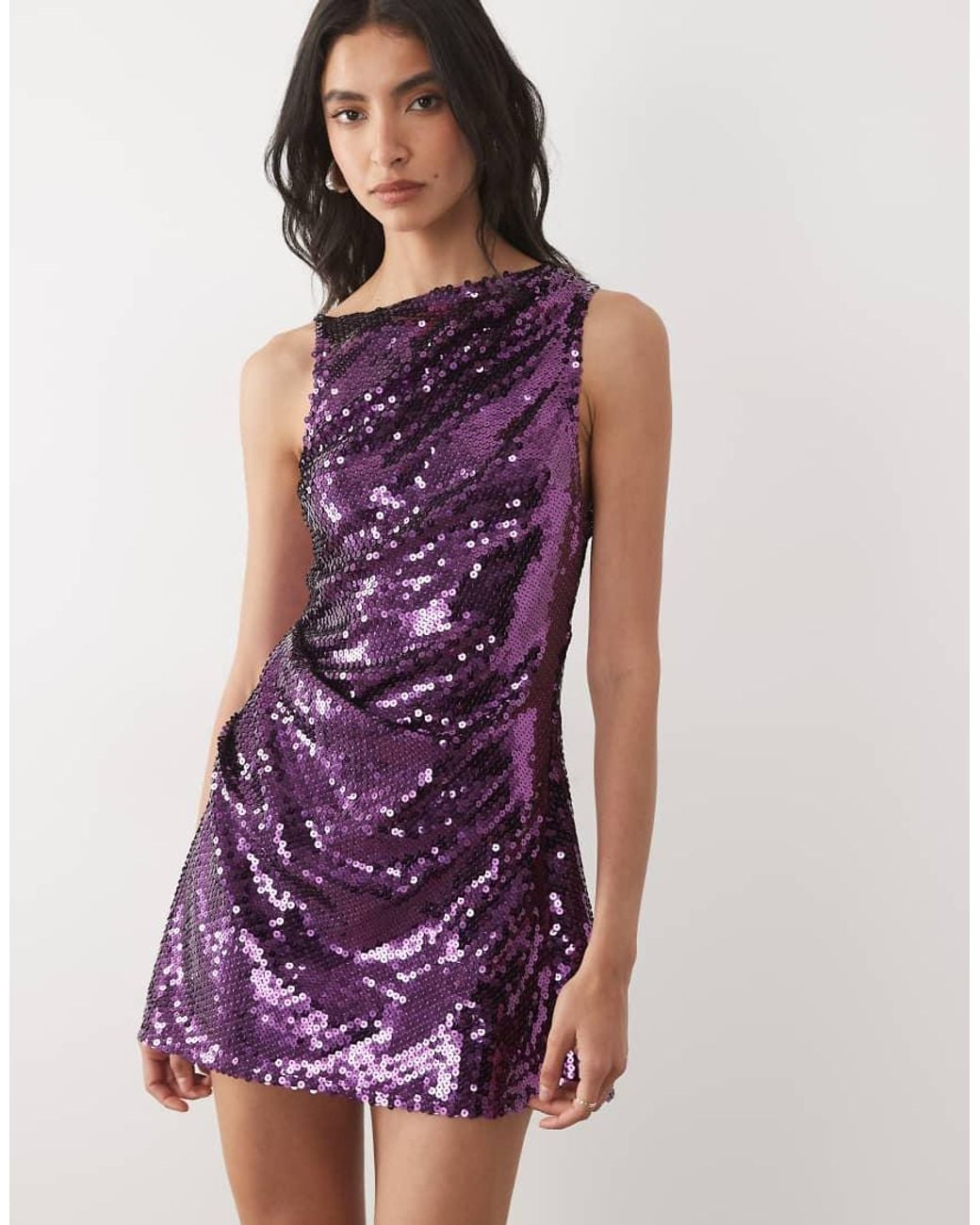 ASOS Purple Embellished Sheer Scatter Sequin Mini Dress With Cowl Neck