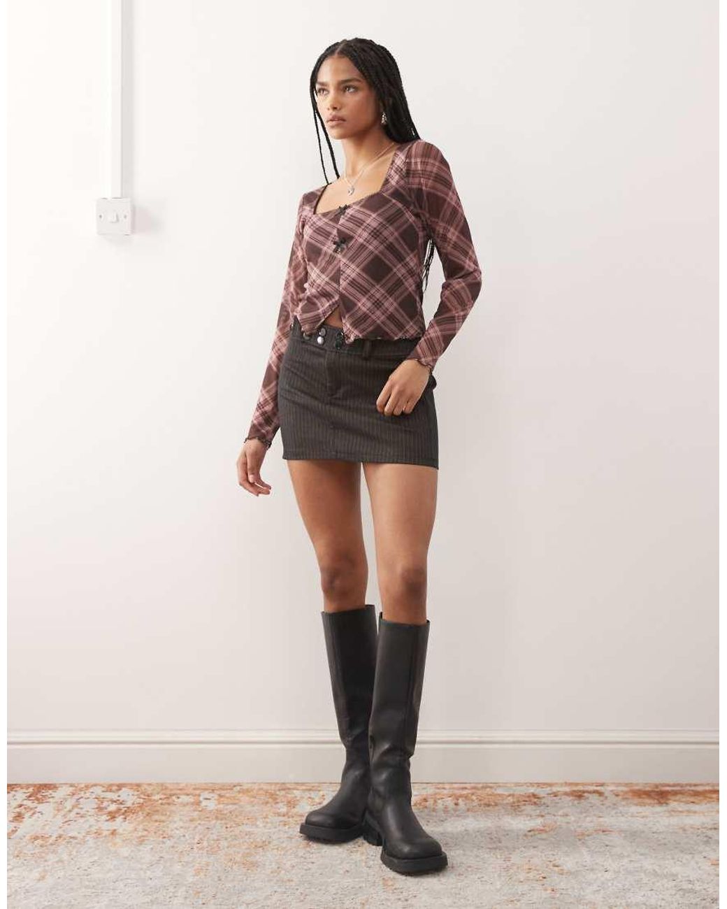 Reclaimed Vintage Brown Square Neck Split Front Long Sleeve Mesh Top