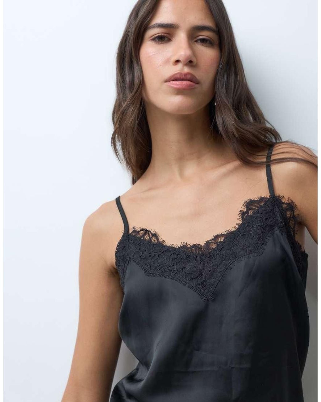 New Look Blue Longline Asymmetric Lace Trim Satin Cami Top