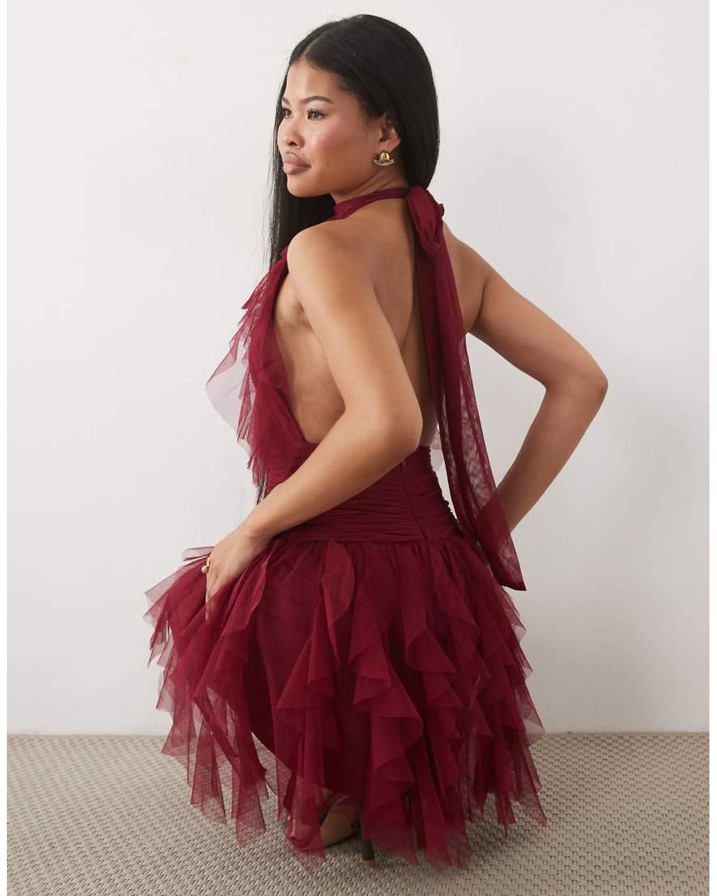 LACE & BEADS Red Tulle Ruffle Halter Drop Hem Mini Dress