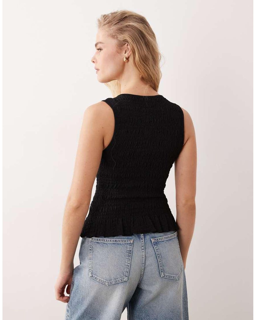 Brave Soul Black Shirred Singlet With Ruffle Hem