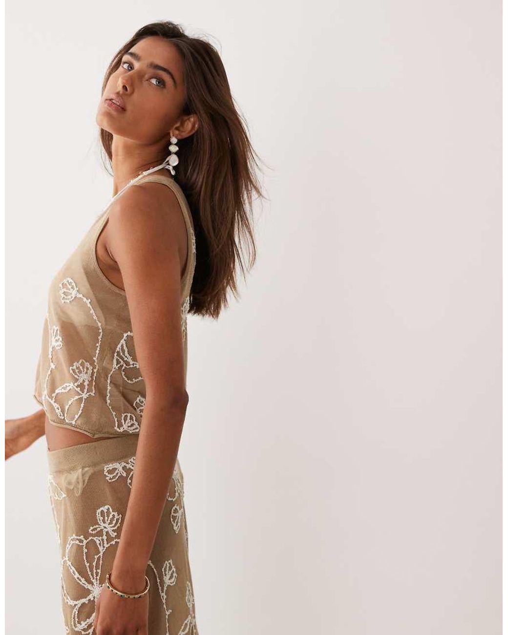 Miss Selfridge Natural Beach Premium Sheer Knit Embroidered Crop Vest Top