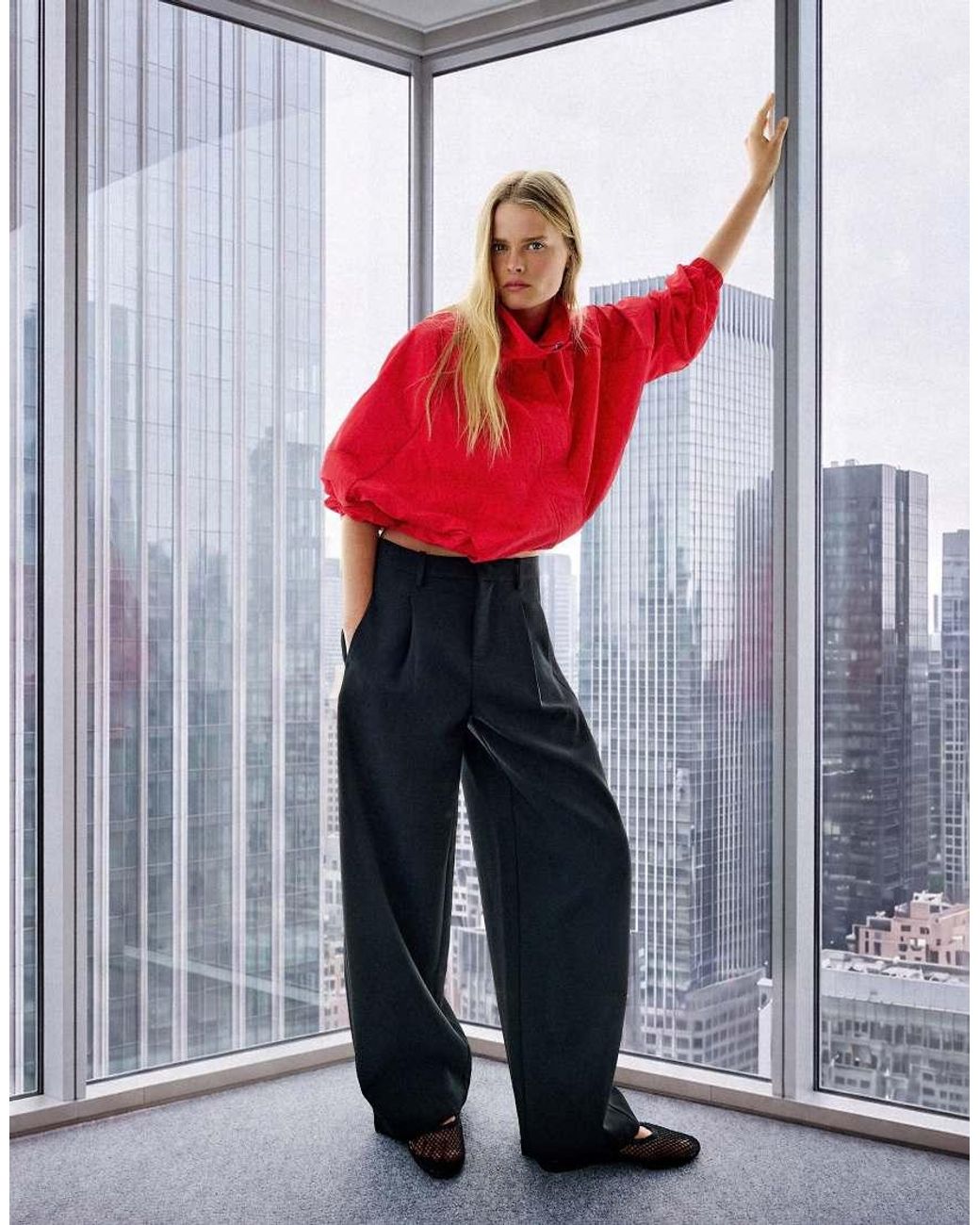 Bershka Blue Petite Double-Fabric Darted Trousers