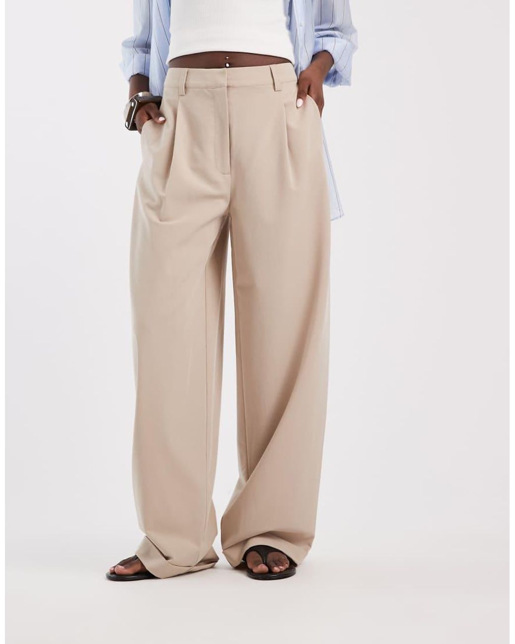 ASOS Natural Tailored High Waisted Wide Leg Trousers With Turn Up
