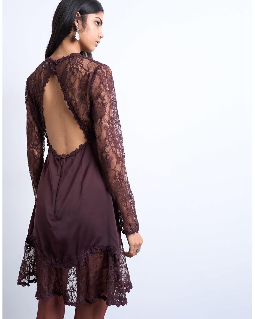 TOPSHOP Lace Sleeve Flippy Hem Mini Dress in Purple | Lyst