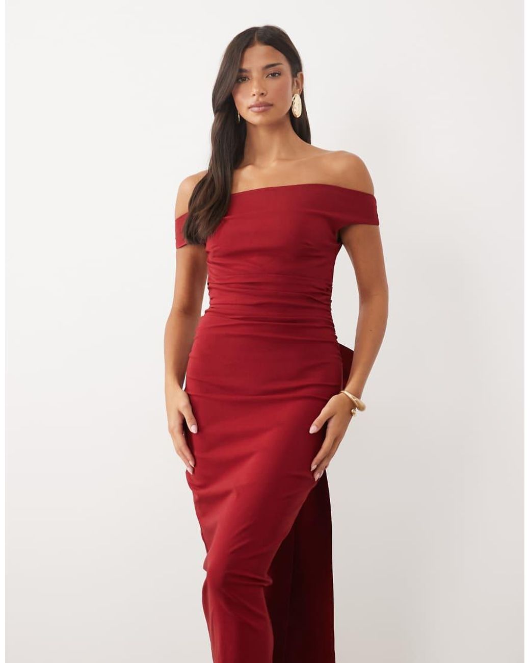 TFNC London Red Bengaline Bardot Bow Back Maxi Dress