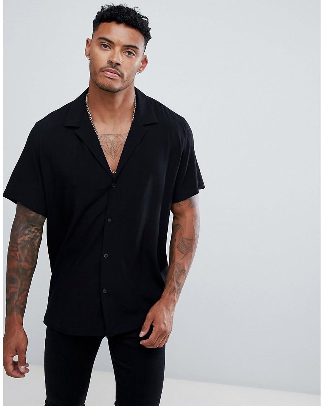 ASOS Oversized Viscose Shirt With Deep V In Black for Men | Lyst