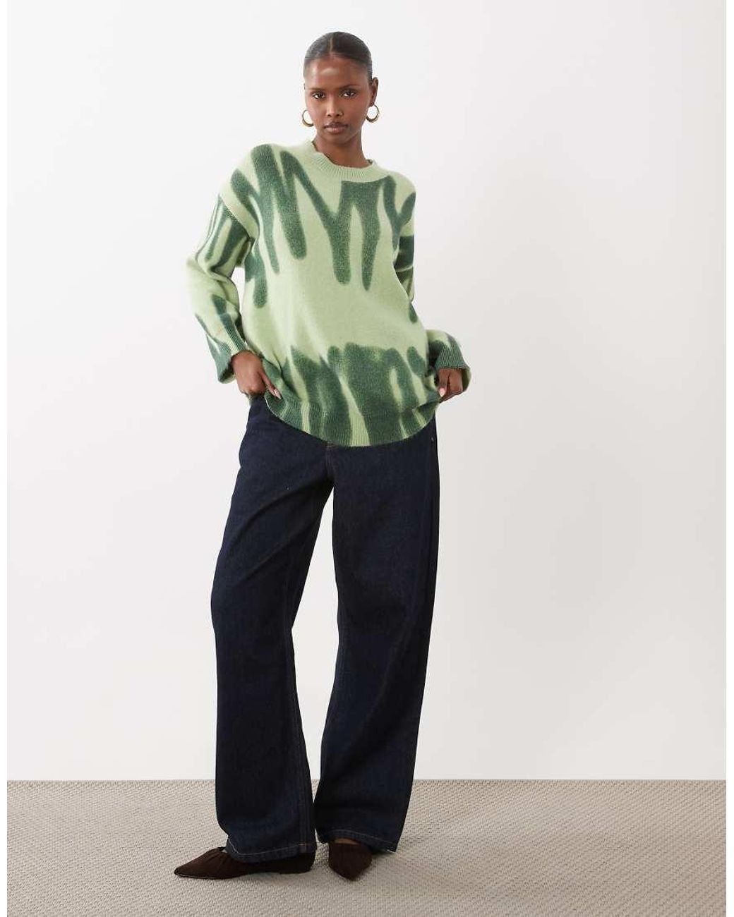 Kiwi & Co Green Poplar Crew Neck Paint Spill Look Oversized Sweater