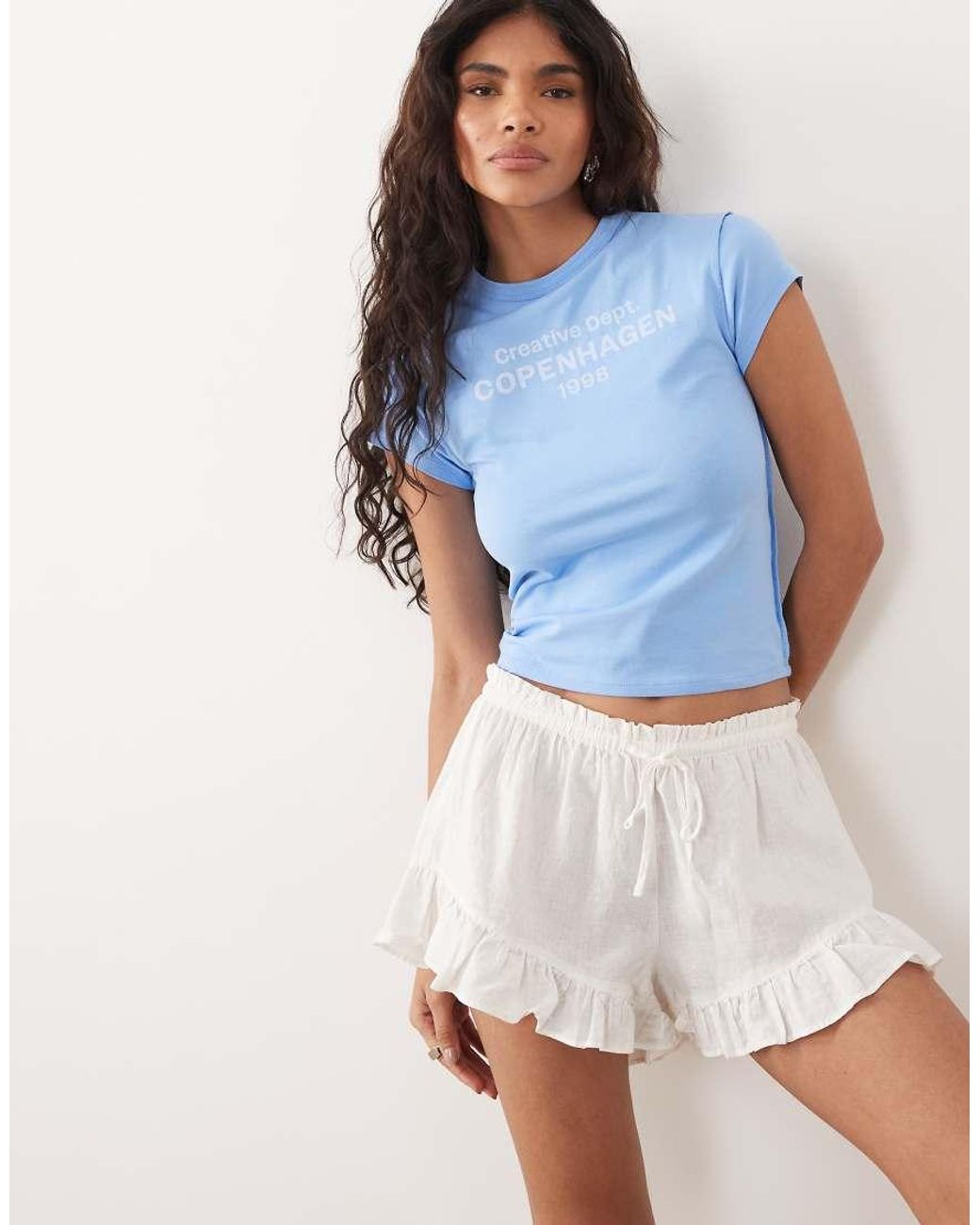 Gina Tricot Blue Pull On Linen Blend Frill Shorts