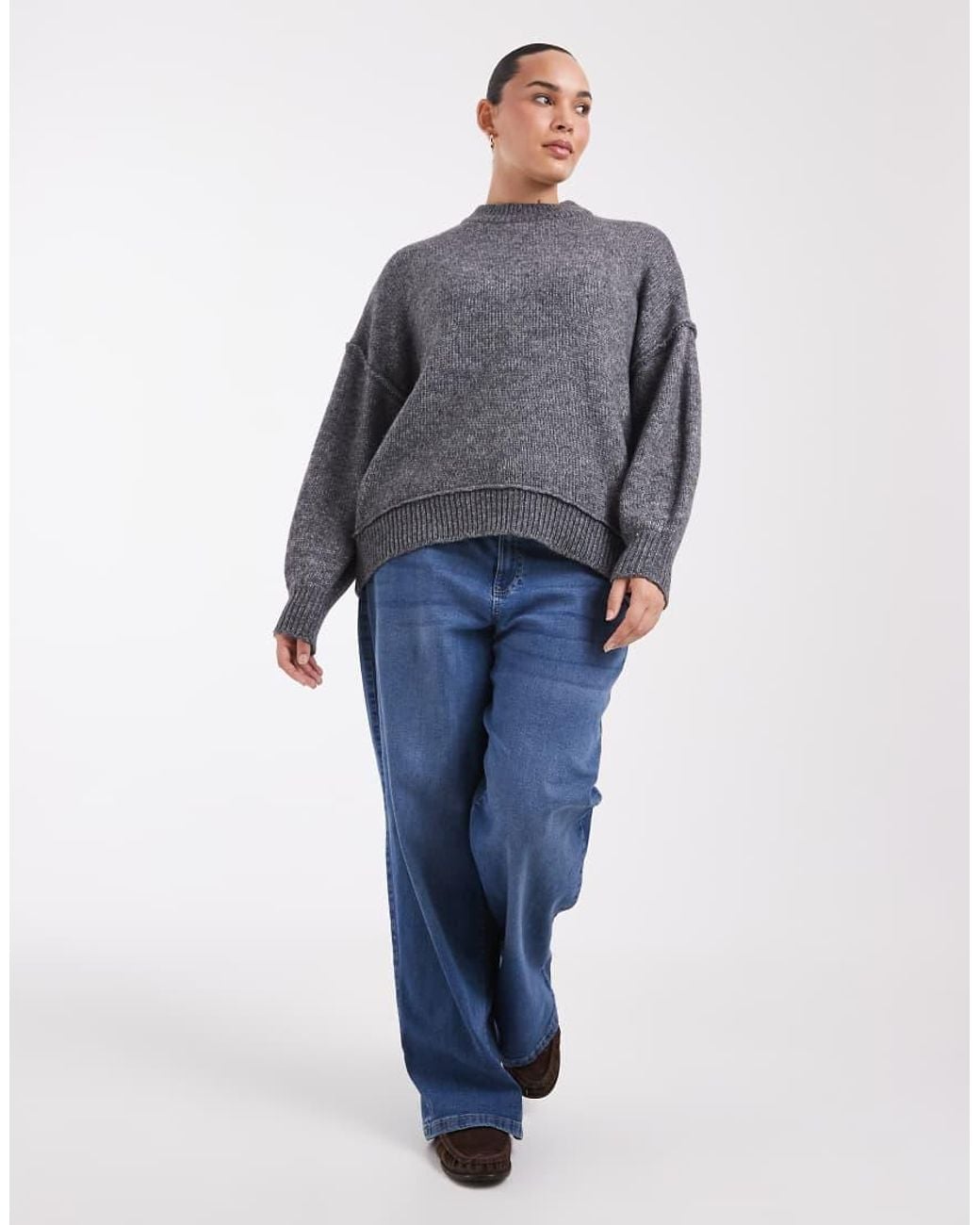 Noisy May Gray Boxy Drop Shoulder Crew Neck Knit Jumper With Exposed Seams