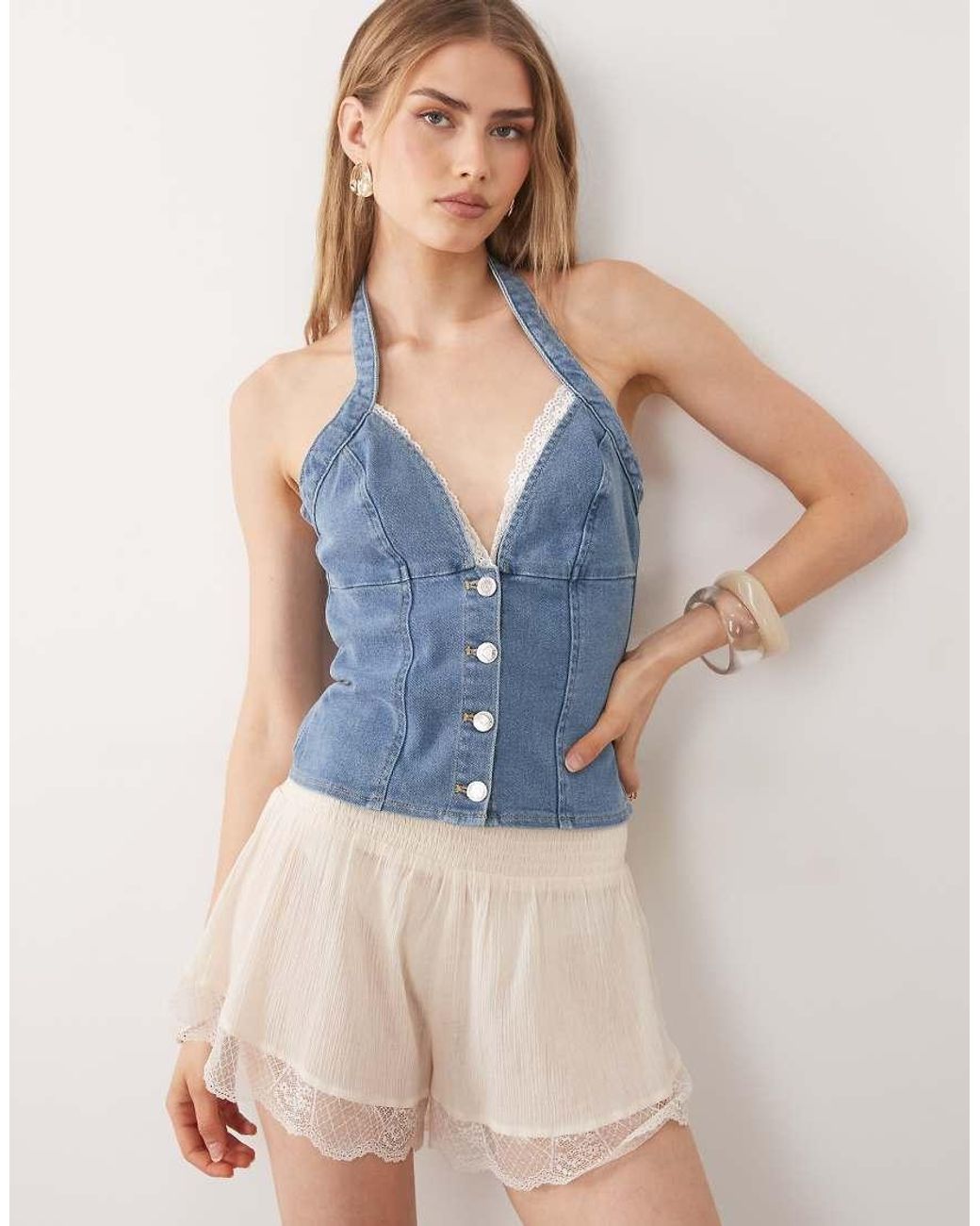 Miss Selfridge Blue Denim Corset Top With Lace Trim