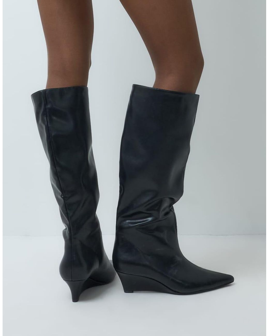 SEQWL Wide Fit Black Refined Wedge Knee Boots