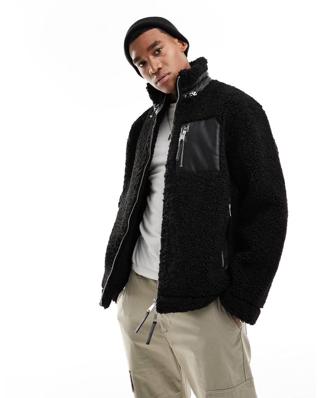 River Island Borg Funnel Neck Jacket in Black for Men Lyst