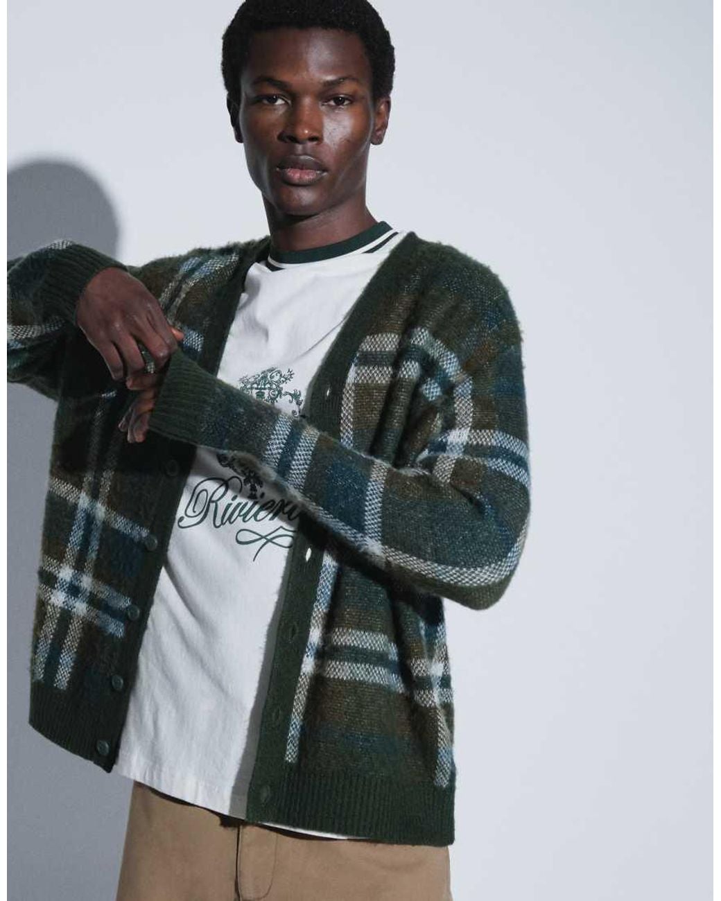 ASOS Green Oversized Knitted Brushed Plaid Cardigan for men