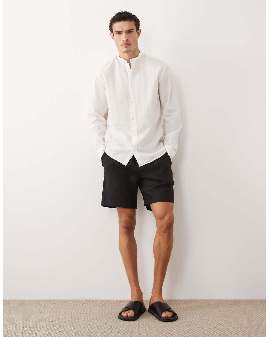 Jack & Jones White Linen Blend Shirt With Grandad Collar for men