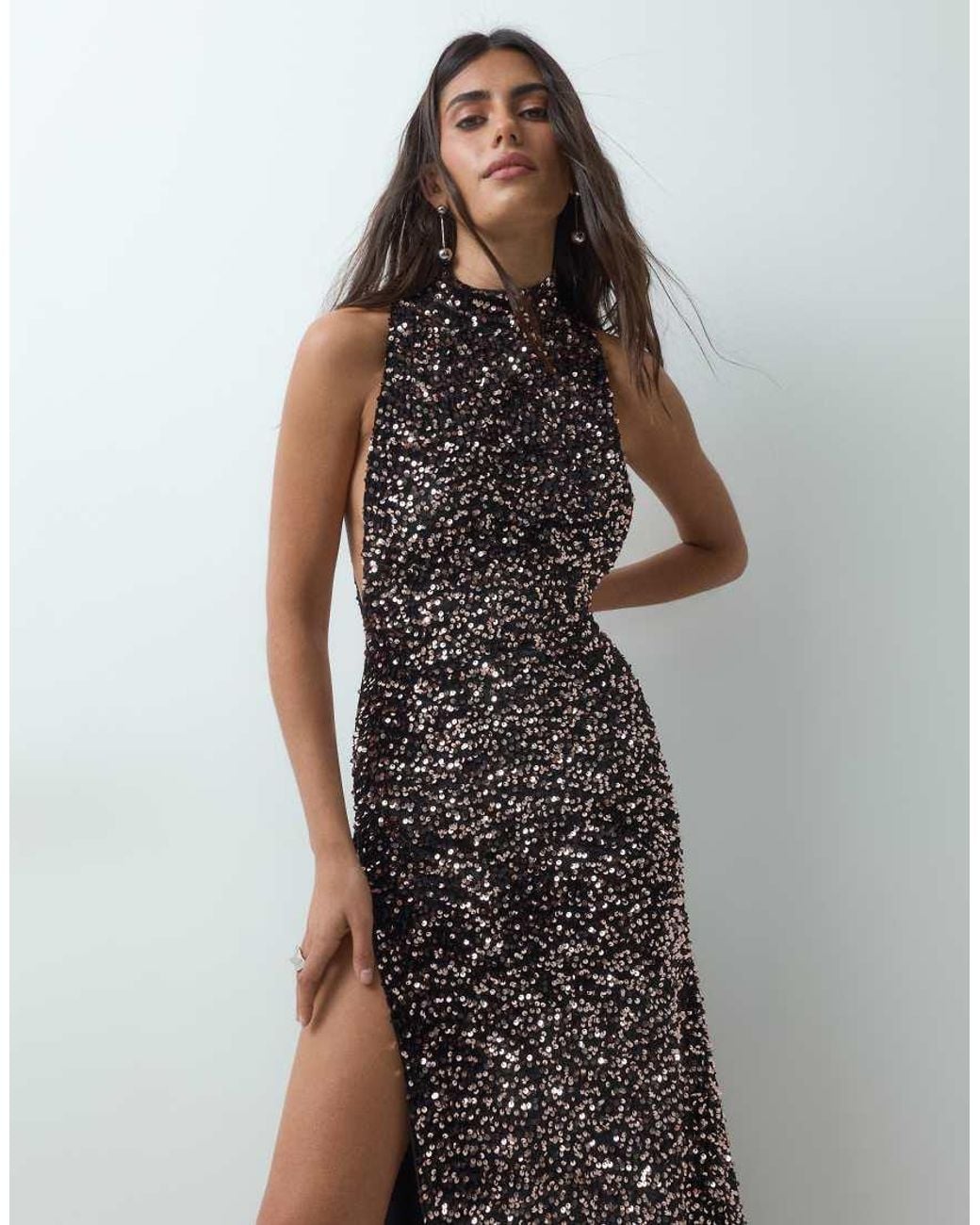 ASOS Gray Velvet Sequin Halter Dropped Armhole Sequin Maxi Dress