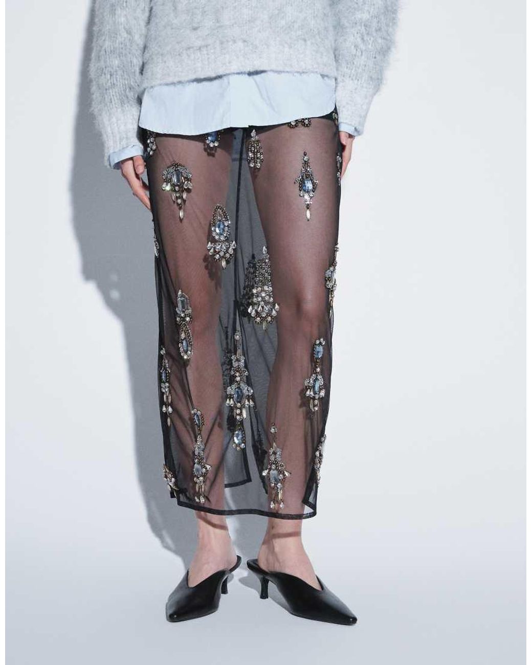 ASOS White Embellished Detail Sheer Midi Skirt