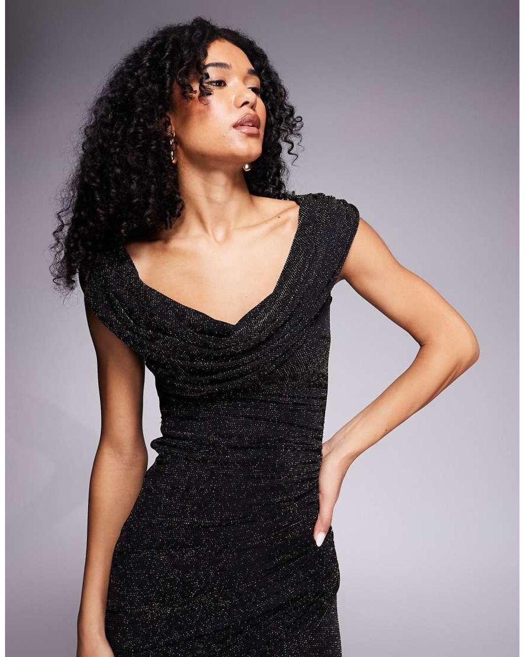 Goddiva Black Sparkle Cowl Neck Off The Shoulder Maxi Dress