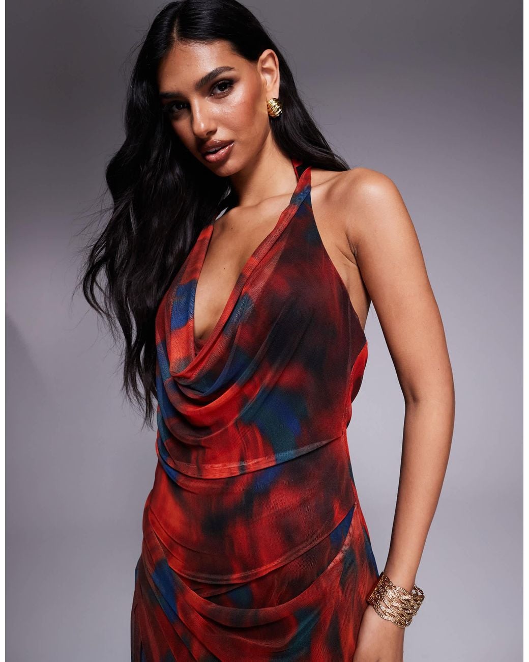 ASOS Red Mesh Plunge Halter Midi Dress With Wrap Skirt