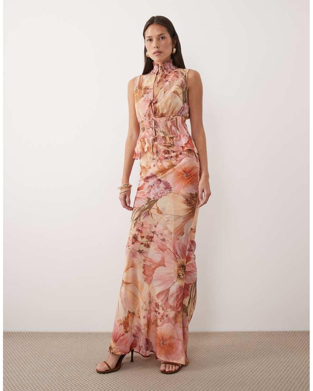 Wanderdoll Multicolor Primrose Tie Detail Sleeveless Shirred Chiffon Top Co-Ord