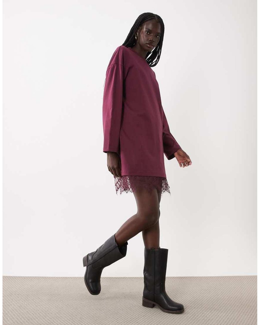 ASOS Red Long Sleeve Lace Trim Hem T-shirt Dress