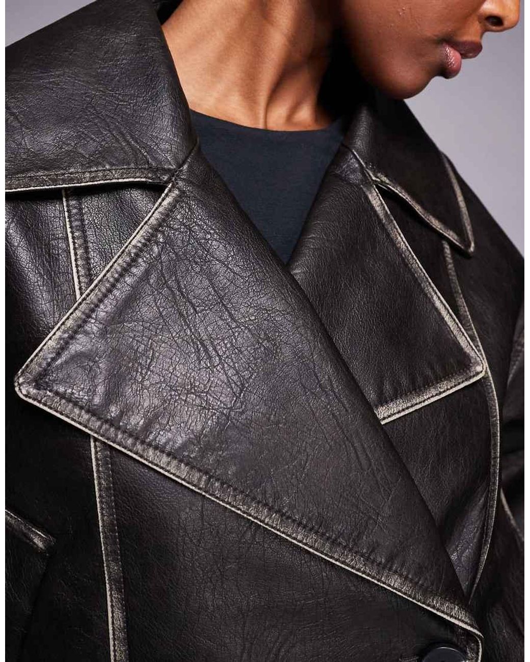 River Island Gray Faux Leather Cropped Trench Jacket