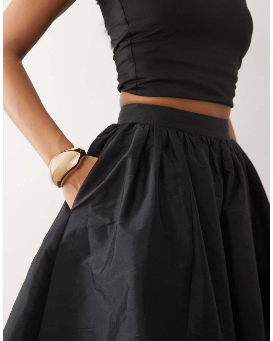LACE & BEADS Black Satin High Waist Full Maxi Skirt