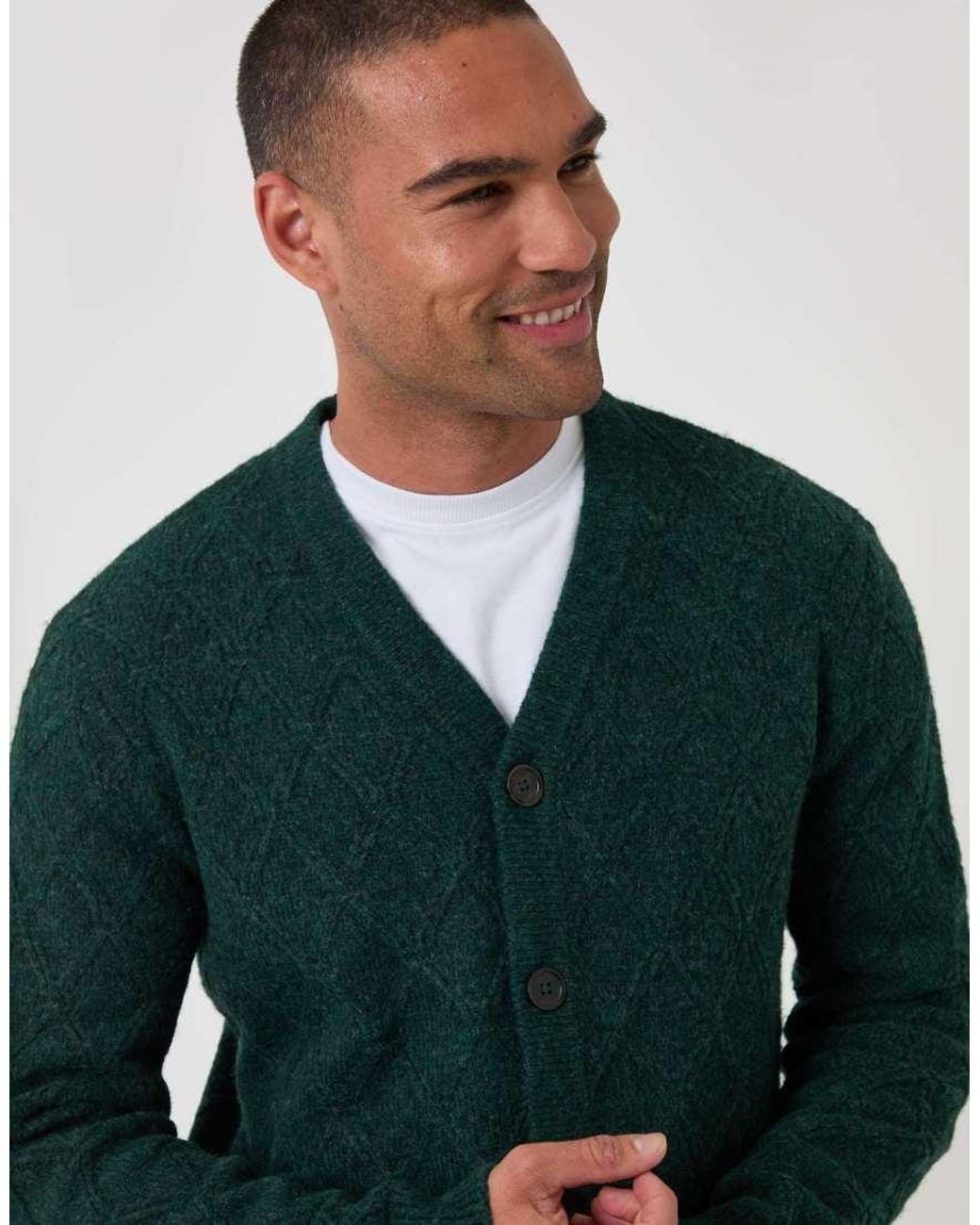 Threadbare Green Diamond Cable Knit V Neck Cardigan for men