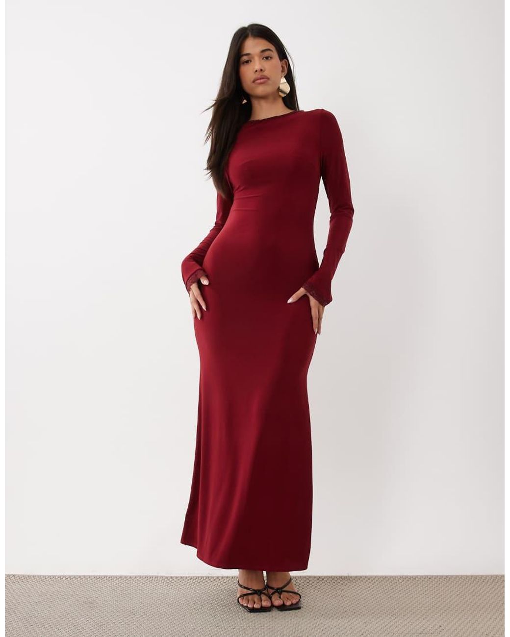 DASKA Red Slash Neck Slinky Maxi Dress With Lace Trim Detail