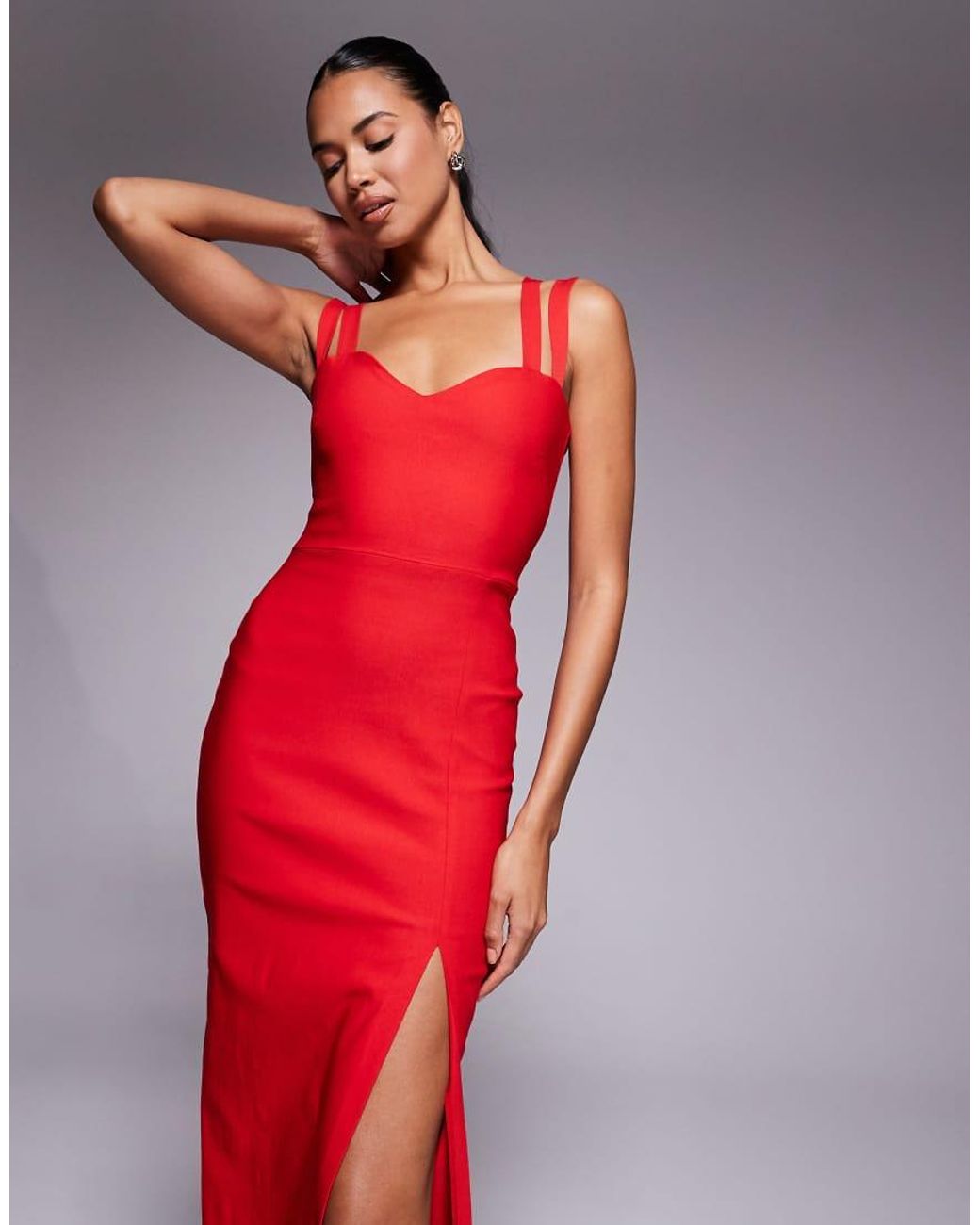 Vesper Red Bengaline Strappy Sweetheart Neck Maxi Dress