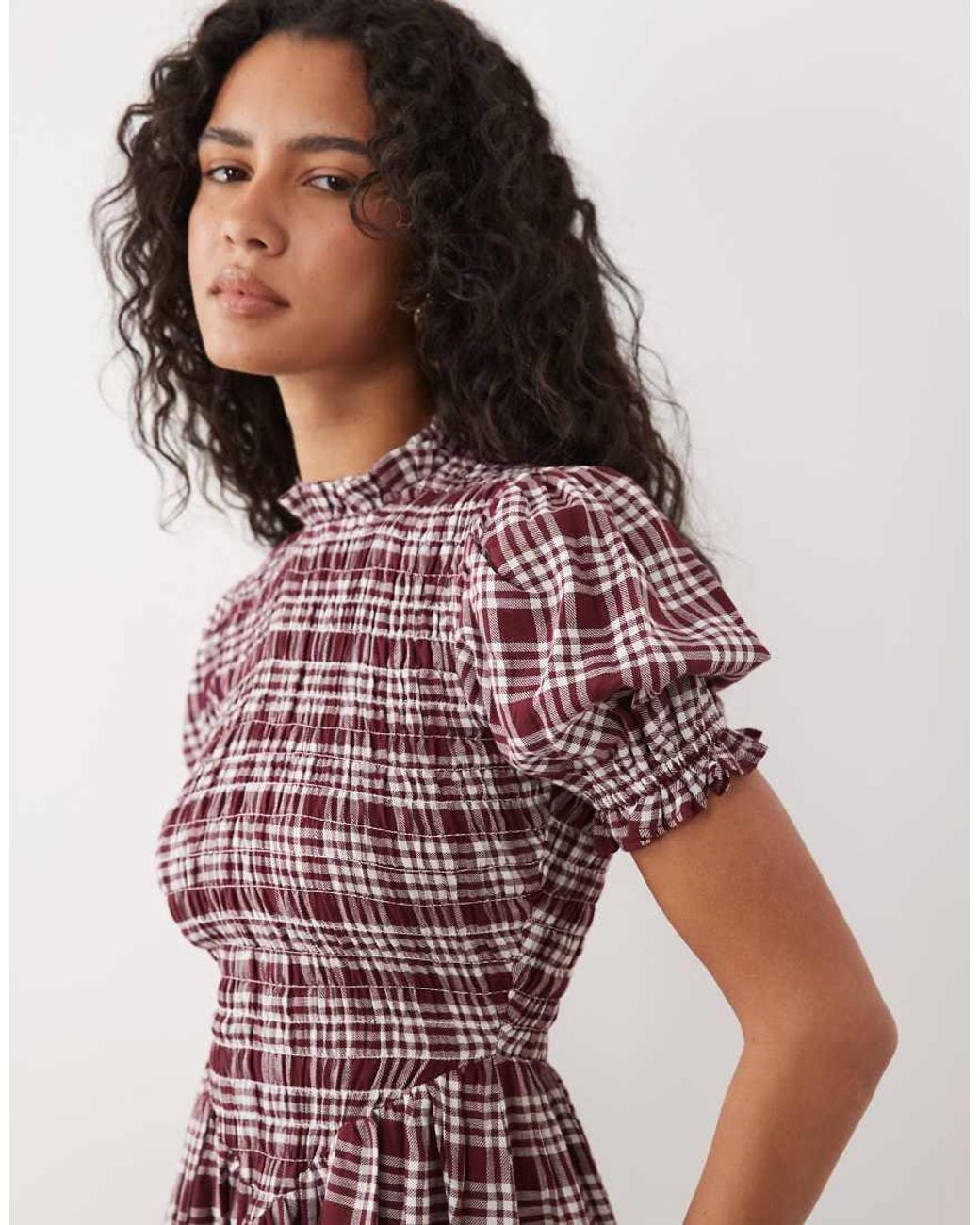 Miss Selfridge Brown Shirred Puff Sleeve Mini Dress